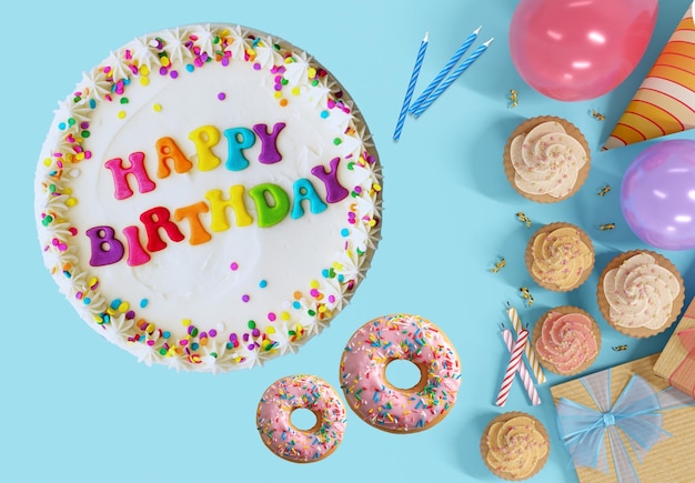 a birthday cake with candles and party supplies with the content Happy Birthday written on it