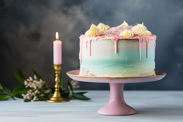 Photo birthday cake with candles on pastel background