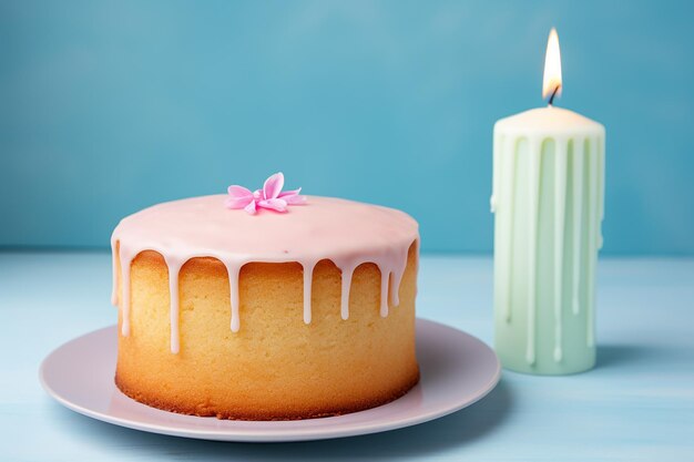 Birthday cake with candles on pastel background