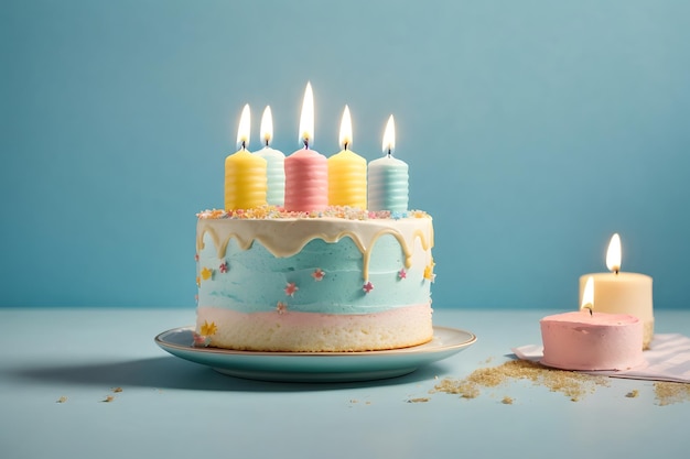 Photo birthday cake with candles on pastel blue background with copyspace