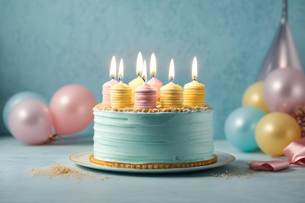 birthday cake with candles on pastel blue background with copyspace