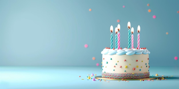 birthday cake with candles on a plain background Generative AI