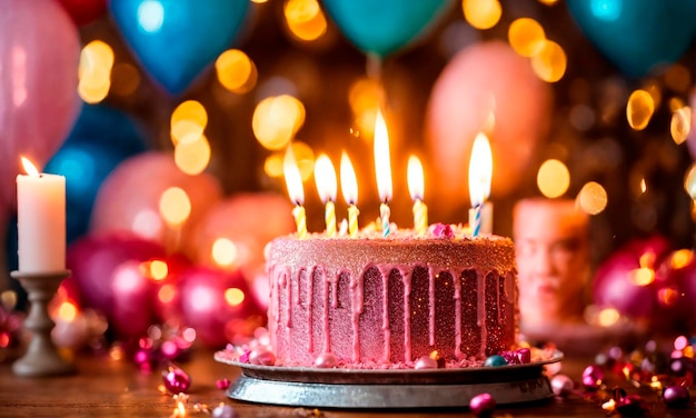 Photo birthday cake with candles selective focus