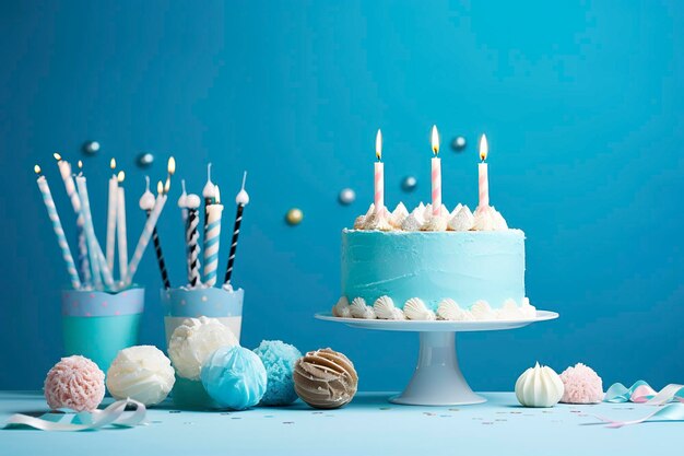 Birthday cake with candles and sweets on white table near blue wall generative ai