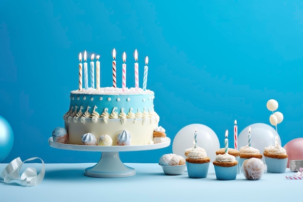 Birthday cake with candles and sweets on white table near blue wall Generative AI