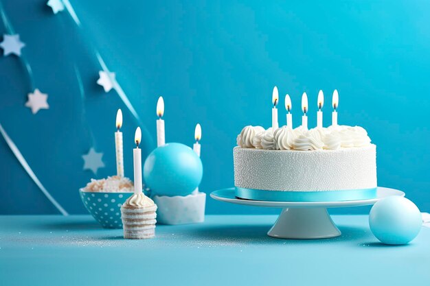 Birthday cake with candles and sweets on white table near blue wall Generative AI