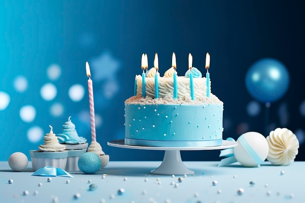 Birthday cake with candles and sweets on white table near blue wall Generative AI