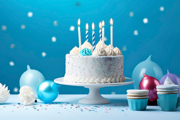 Birthday cake with candles and sweets on white table near blue wall Generative AI