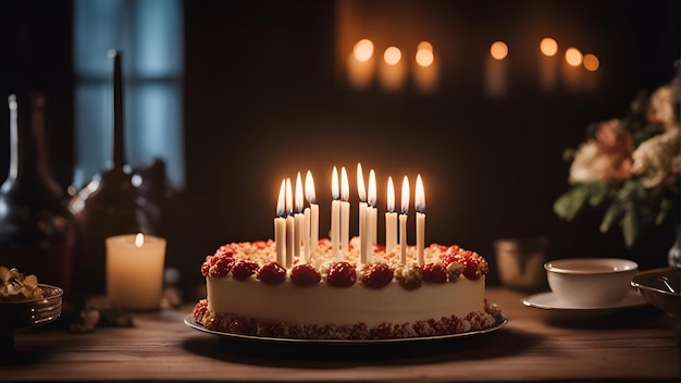 어두운 방에 있는 나무 테이블 위에 불이 달린 생일 케이크 선택적인 초점