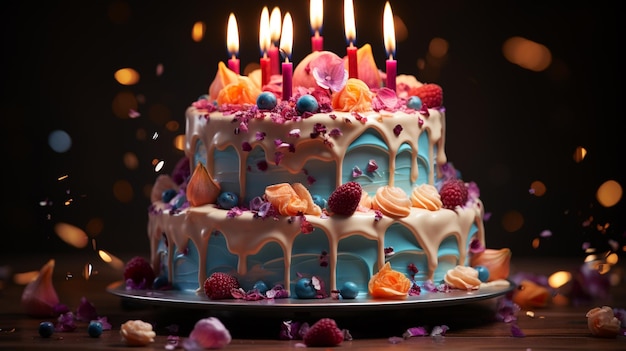 불이 달린 생일 케이크