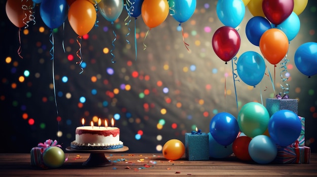 Photo birthday cake with candlesconfetti and air balloons on blurred party background created with generative ai technology