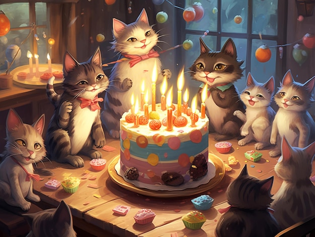 猫の誕生日ケーキとキャンドルのついたケーキ