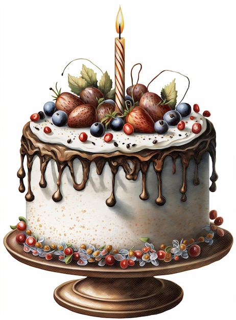 A birthday cake with chocolate icing and berries on it