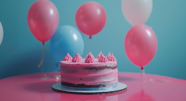 Photo birthday cake with colored balloons on a table