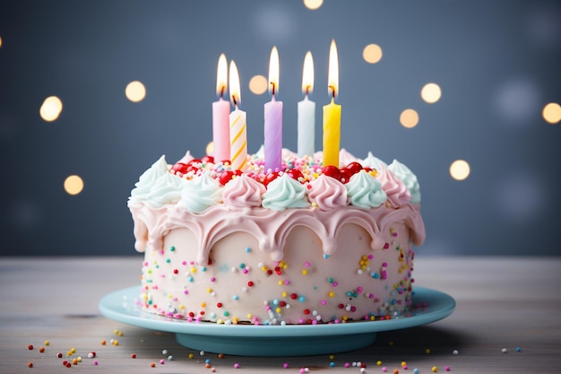 파란색 바탕에 색의 불이 있는 생일 케이크