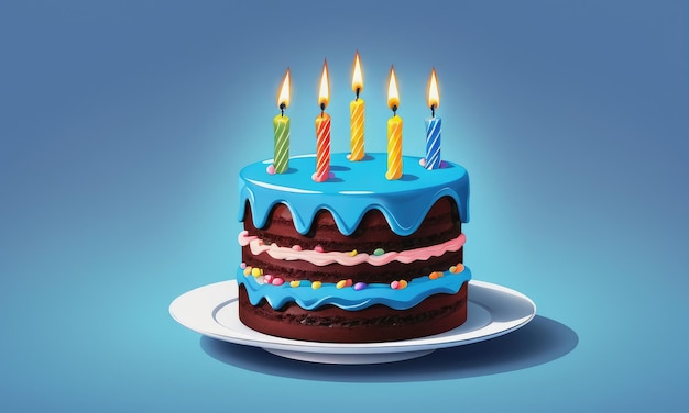Birthday cake with colored candles on blue background