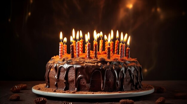 birthday cake with colored candles on wooden table