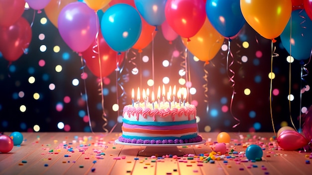birthday cake with colorful balloons and candle