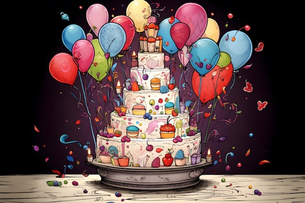 Foto torta di compleanno con palloncini colorati e confetti illustrazione 3d