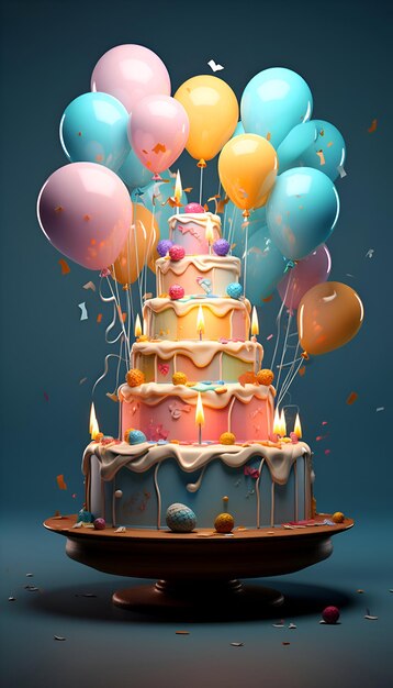 Birthday cake with colorful balloons and confetti 3d render