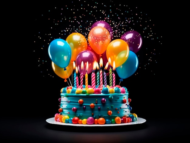 Photo birthday cake with colorful balloons and confetti on the black background