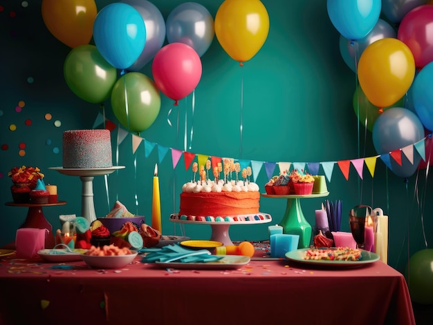 Birthday cake with colorful balloons and confetti on the table