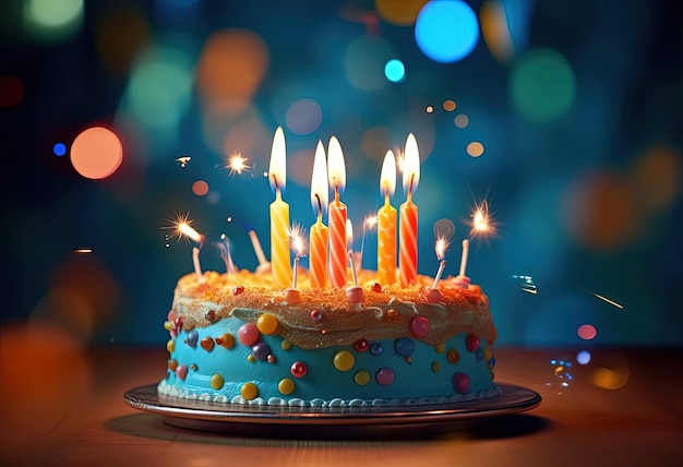 birthday cake with colorful candles on a blue background