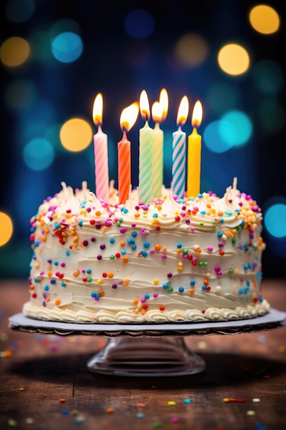 A birthday cake with colorful candles on it