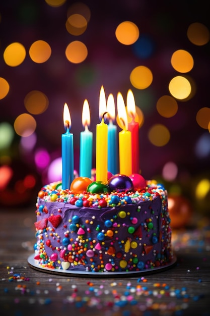 A birthday cake with colorful candles on it