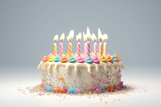 Birthday cake with colorful candles on white background generative AI