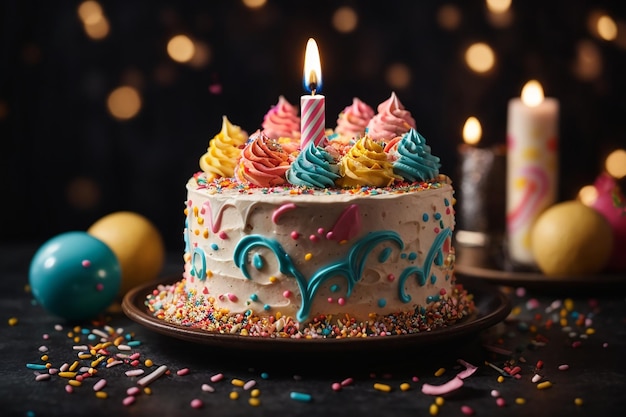 Birthday cake with colorful cream and sprinkles on a dark background