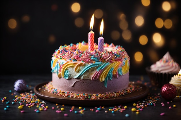 Birthday cake with colorful cream and sprinkles on a dark background