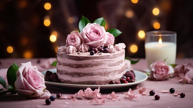 Торт на день рождения с сливками и ягодами на деревянном фоне