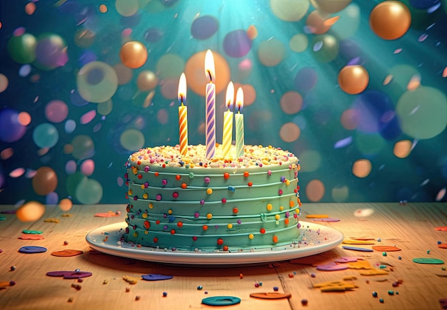 a birthday cake with decorating candles near a blue plate in the style of pastel punk