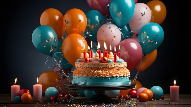 Birthday cake with decorations and candles and colorful balls