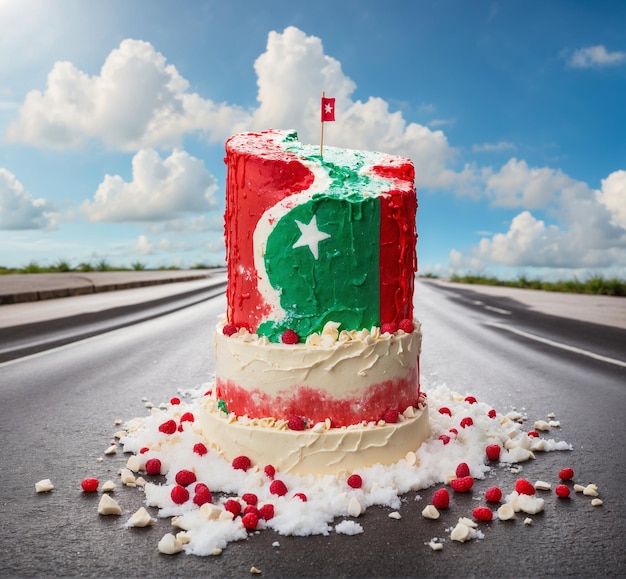 Birthday cake with the flag of Pakistan on the asphalt road background