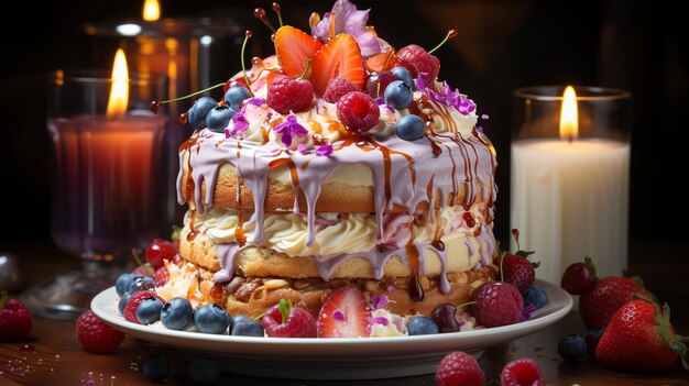 フルーツベリーとビスケットの誕生日ケーキは、子供と大人のためのスペースパーティーのコンセプトをコピーします
