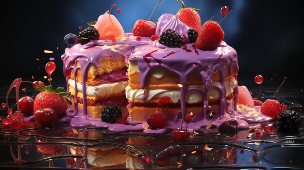 과일 베리와 비스킷이 있는 생일 케이크는 어린이와 성인을 위한 공간 파티 개념을 복사합니다.