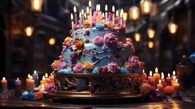 과일 베리와 비스킷이 있는 생일 케이크는 어린이와 성인을 위한 공간 파티 개념을 복사합니다.