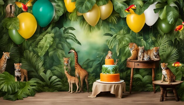 a birthday cake with a giraffe and a cake with balloons in the background