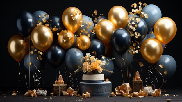 a birthday cake with gold and black balloons and a box of gold decorations