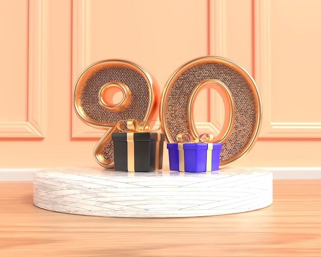 테이블 위에 금색 숫자 30과 작은 선물 상자가 있는 생일 케이크.