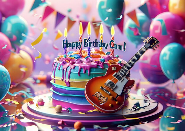 A cake with a guitar on it that says happy birthday