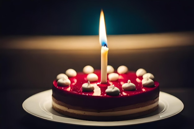 a birthday cake with a lit candle on it