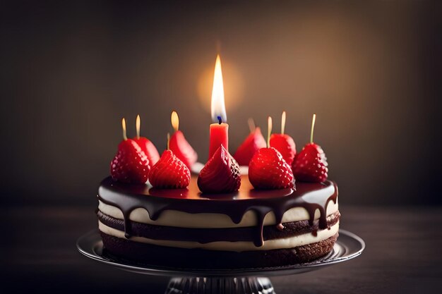 A birthday cake with a lit candle on top of it