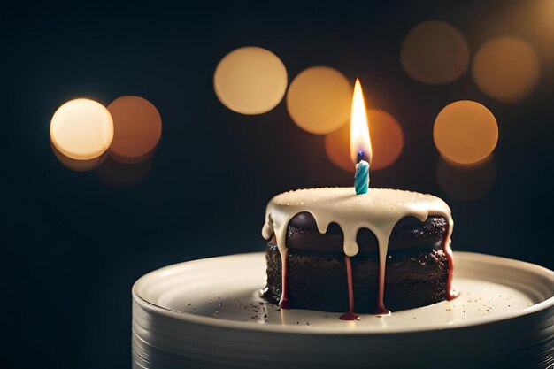 a birthday cake with a lit candle on top of it