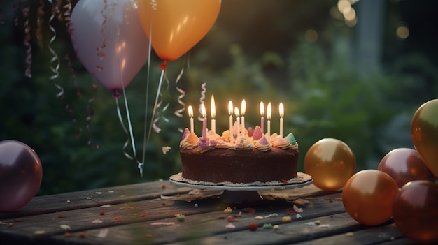 A birthday cake with lit candles and balloons on a wooden table.