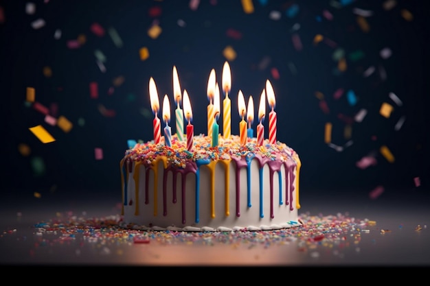 торт на день рождения с зажженными свечами и свечами