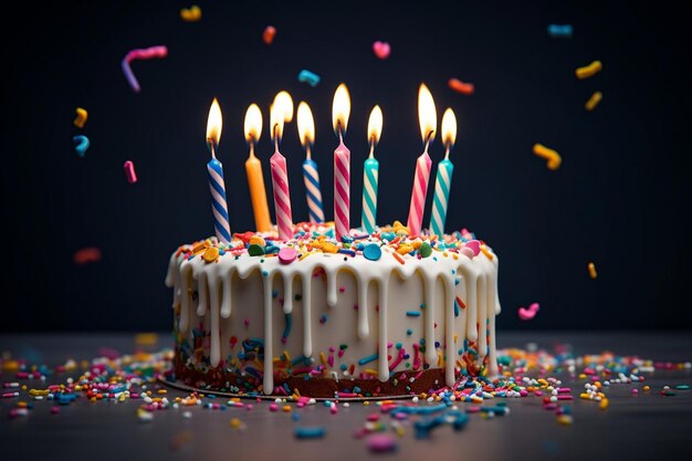 a birthday cake with lit candles and candles