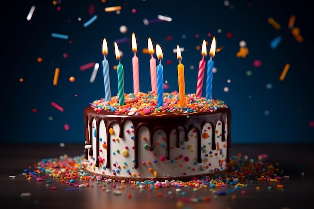 a birthday cake with lit candles and candles